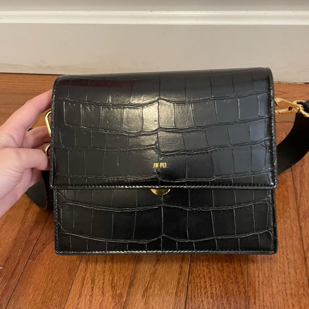 JW Pei mini flap crossbody black croc